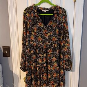 LOFT Navy Floral Long-Sleeve Smocked Tiered Dress Size Medium